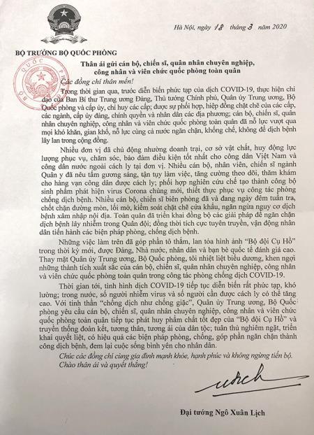 Đại tướng Ngô Xuân Lịch gửi thư khen, động viên cán bộ, chiến sĩ toàn quân trong phòng, chống dịch COVID-19